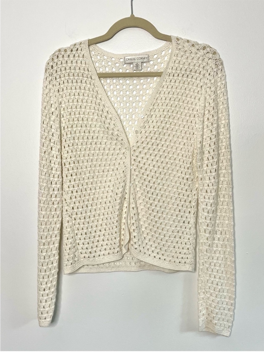 Vintage Casual Corner Ivory Cream Crochet Open Knit Cardigan Cottagecore Boho M